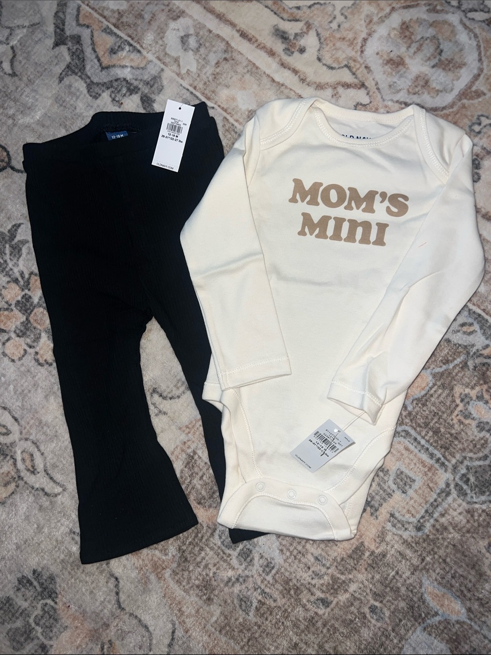 Old Navy Cream 'Mom's Mini' Bodysuit with Black Ribbed Leggings